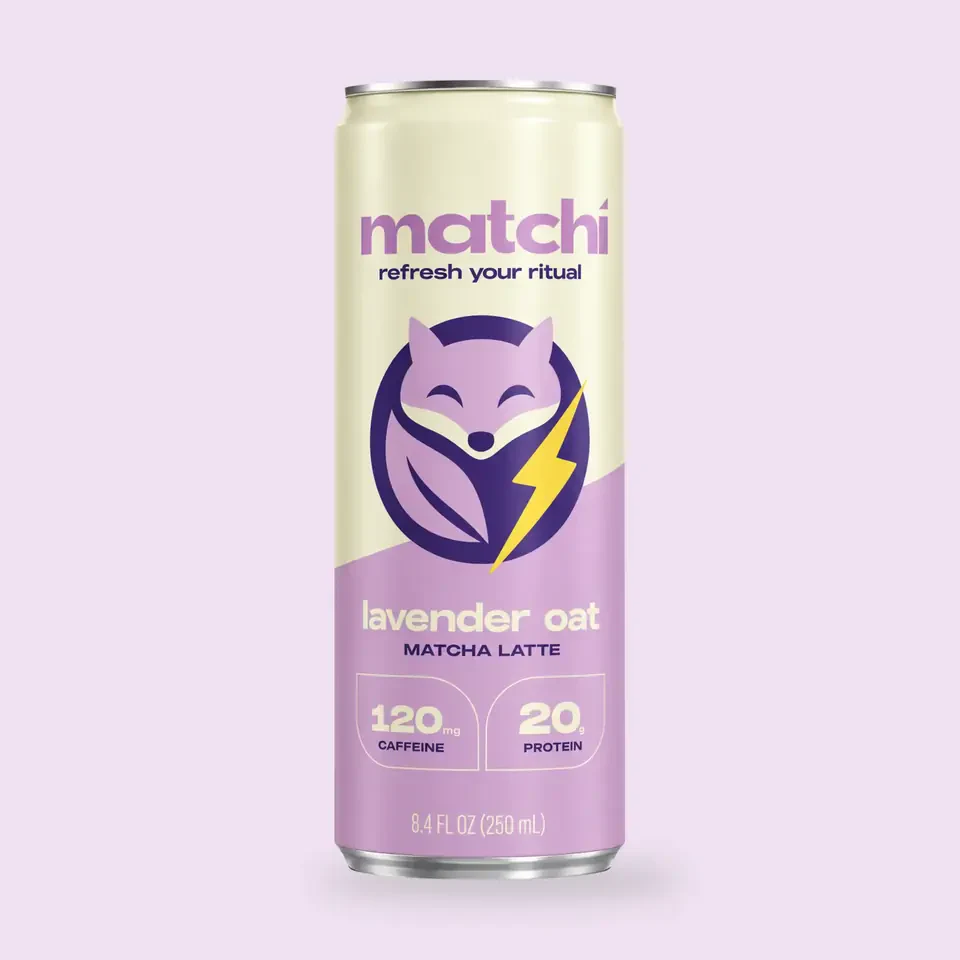 A can of Matchi lavender oat matcha latte.