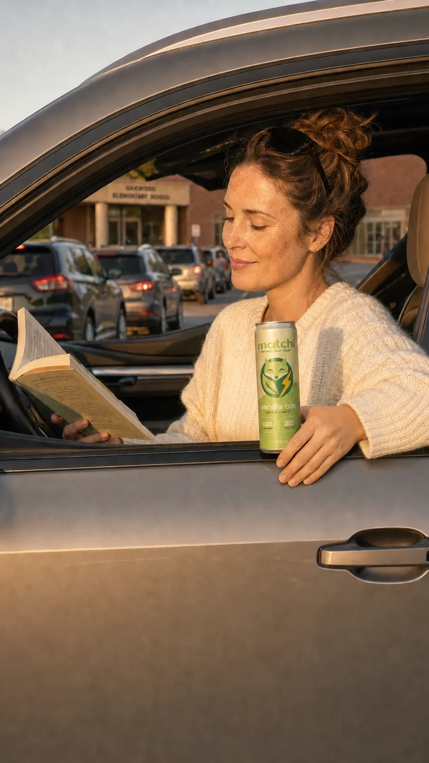 A mother enjoying a quiet moment in the school pickup line, with a can of Matchi on the car window sill.