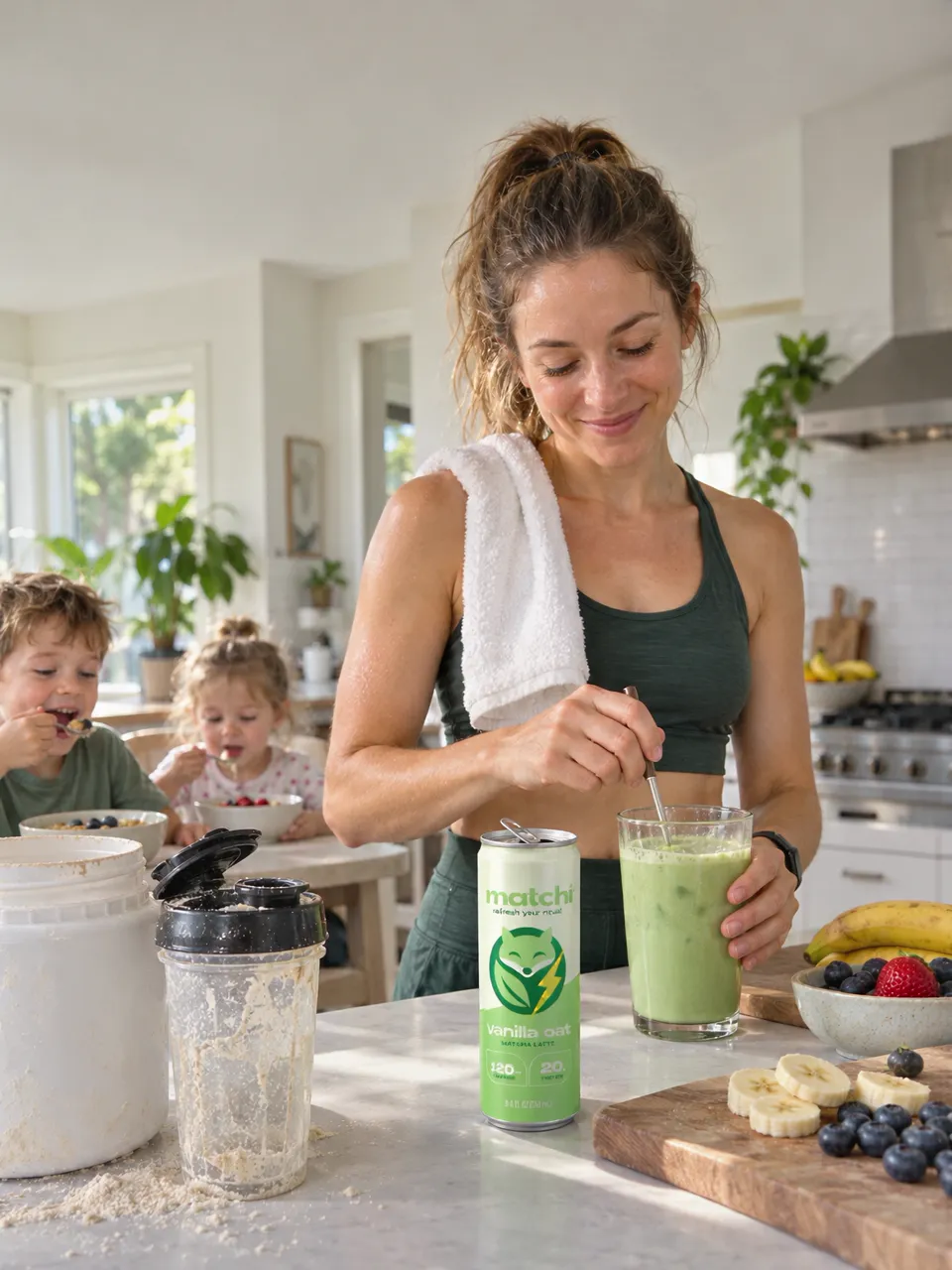 A woman in her kitchen drinking Matchi poured over ice in a glass.